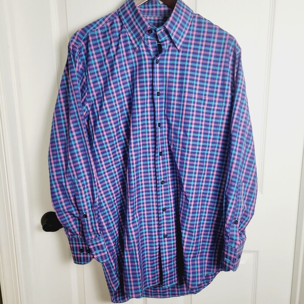Paul Stuart Blue and Pink Plaid Dress Shirt